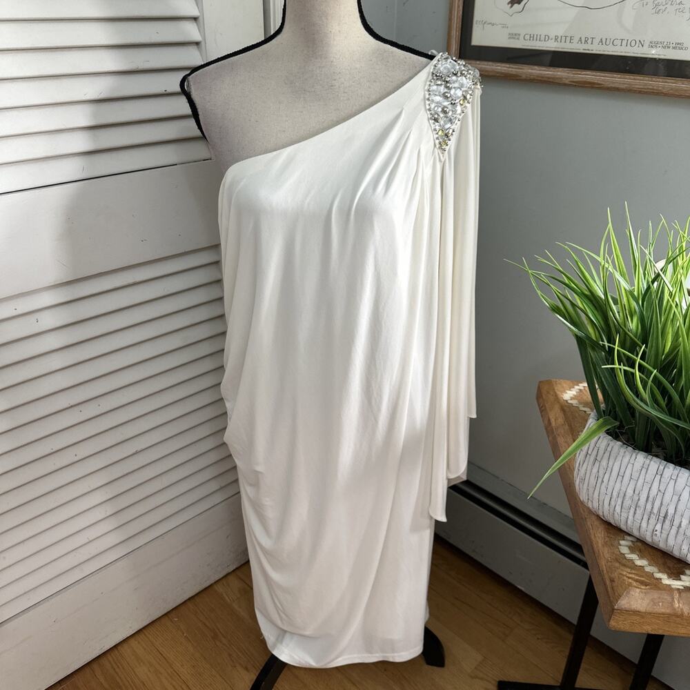 R&M Richards Dress 18W White One Shoulder Rhinestone Ruched Evening Formal Gala - Picture 1 of 10